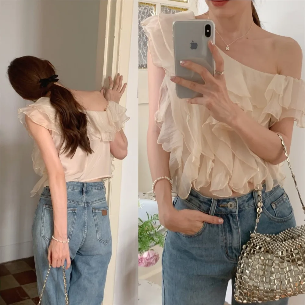 

2026 Sweet Shirt & Blouses Blouse For Woman French Temperament Gentle Chiffon Fashion Ruffles Off Shoulder Solid Color All-match