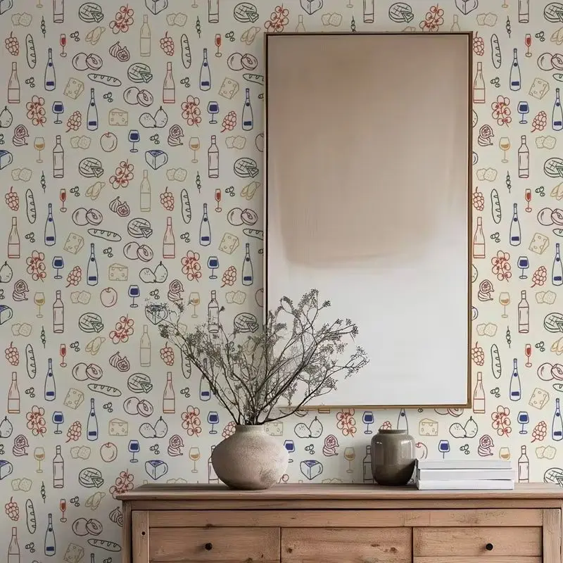 Wine Doodle Wallpaper Peel And Stick. Cute Sommelier Doodles Wall Mural For Room Decoration, Self-adhesive Or Traditional Papers