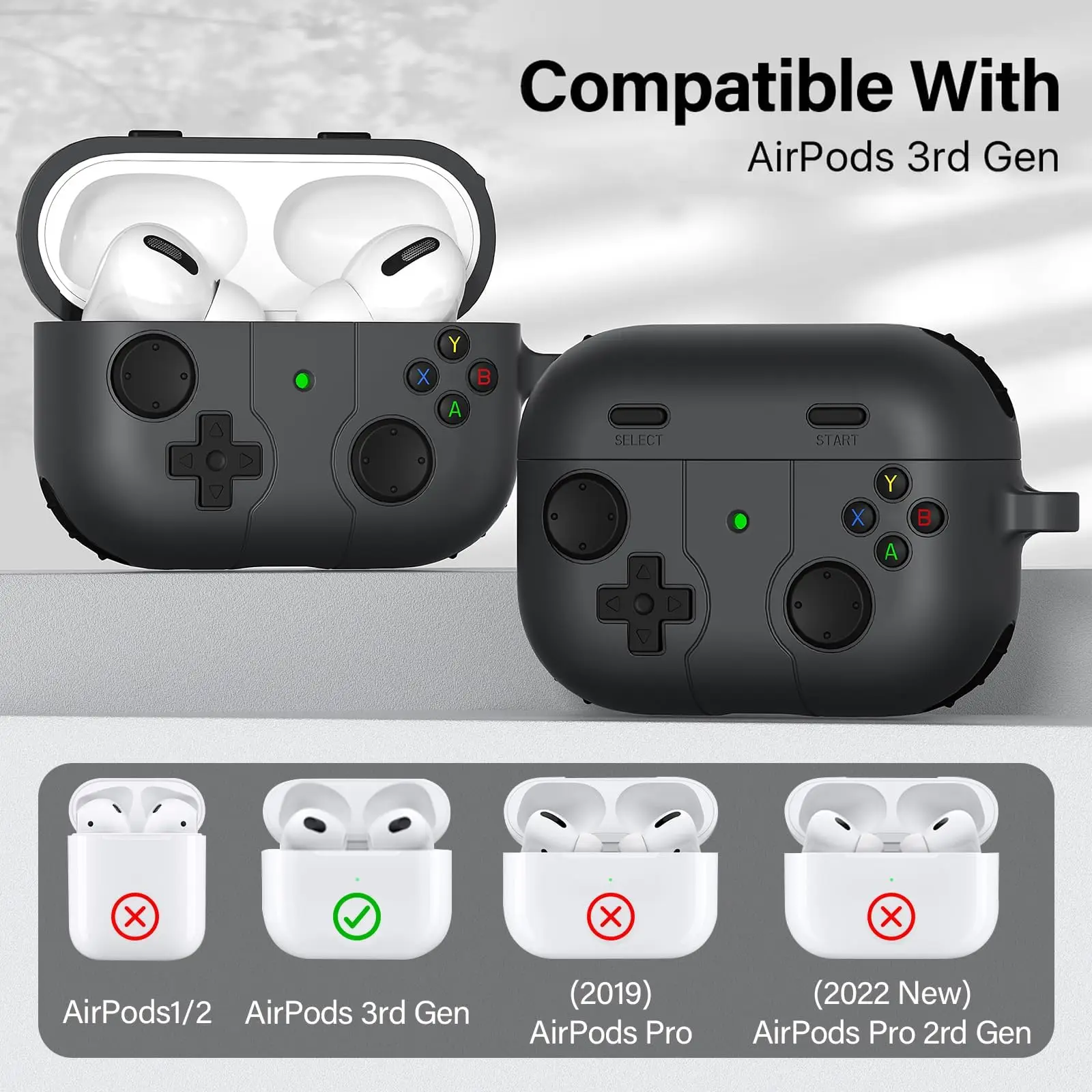 귀여운 게임 컨트롤러 케이스 에어팟 3용, 카라비너가 있는 액체 실리콘 커버, 미끄럼 방지, 세척 가능, 지문 방지 스킨