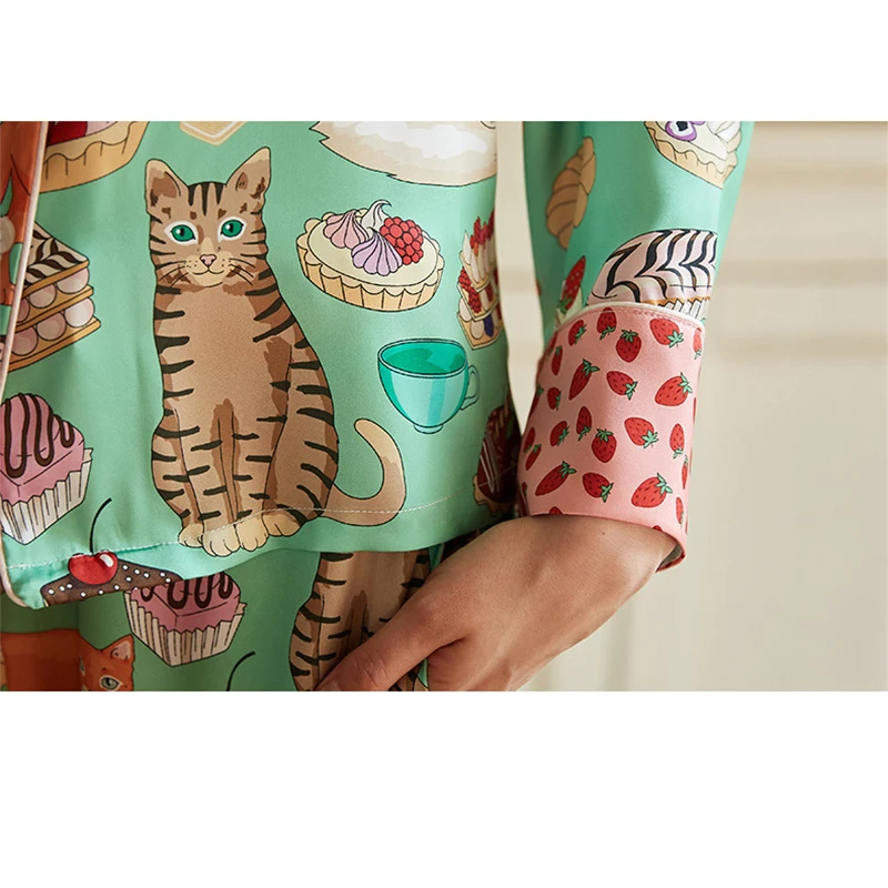 Spring 2024 Women\'s Pajamas Set Cute Cat Print Silk Like Two Pieces Long Sleeve Full Length Pants Trousers Sleepwear 41920