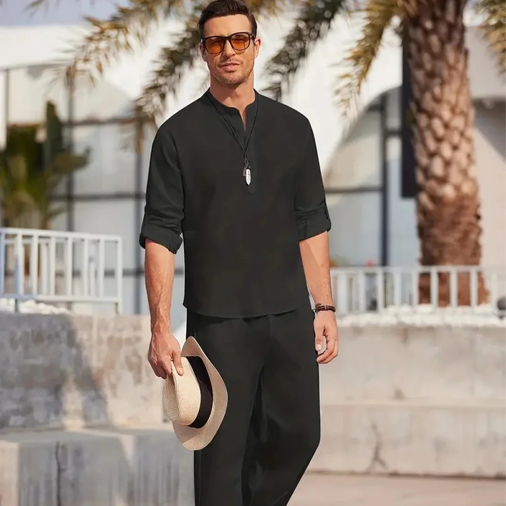 Camicia da uomo in cotone e lino da uomo Set da due pezzi Camicie casual a maniche lunghe con colletto Henley Pantaloni da spiaggia per le vacanze