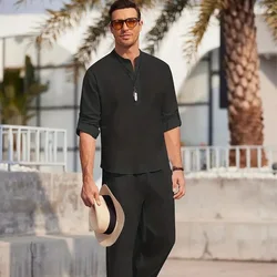 Camicia da uomo in cotone e lino da uomo Set da due pezzi Camicie casual a maniche lunghe con colletto Henley Pantaloni da spiaggia per le vacanze Set estivo