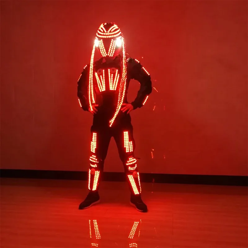 2025 كرنفال RGB التحكم عن بعد LED روبوت مضيئة درع وامض زي مع خوذة ملونة مرحلة الأداء الملابس