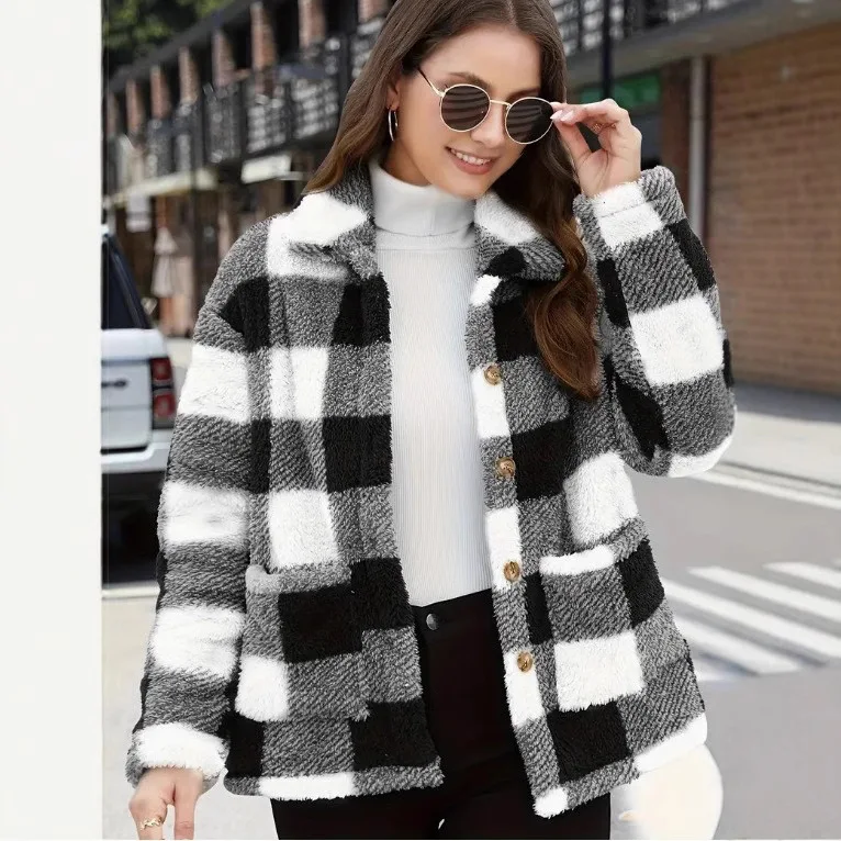 2025 Autumn Women Plaid Print Jacket Thick Plush Warm Print Long Sleeve Coat Winter Loose Turndown Collar Lady Coat
