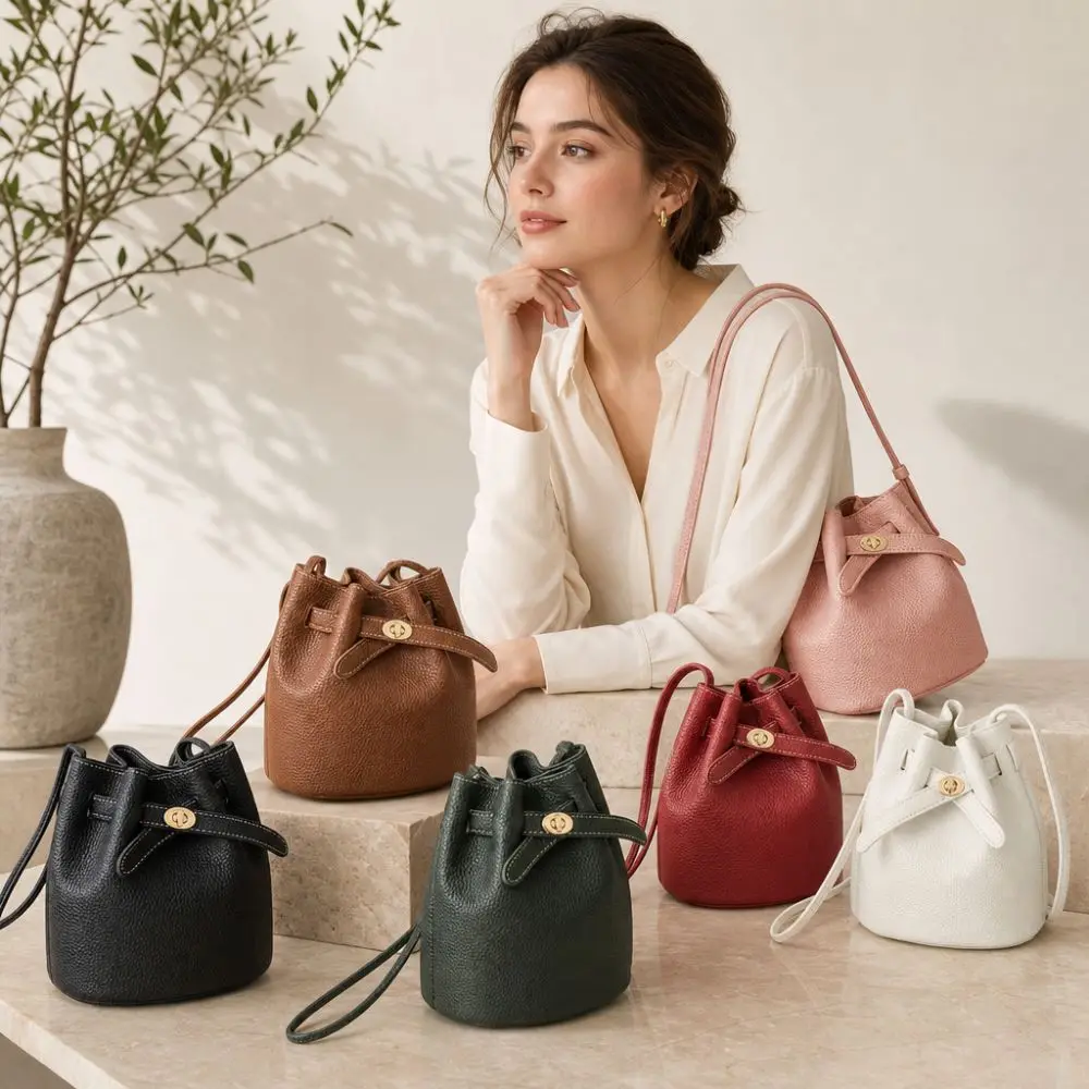 

Fashion PU Leather Simple Bucket Bag Mini Large Capacity Shoulder Bag Solid Color Versatile Crossbody Bag Commuting Tote Bag