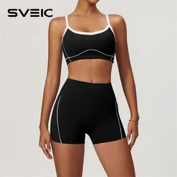 SVEIC Nude Fitness Shorts Yoga Bra Sets Contrasting Colors Sportswear High Waist Workout Leggings Cycling Gym Shorts Sports Suit