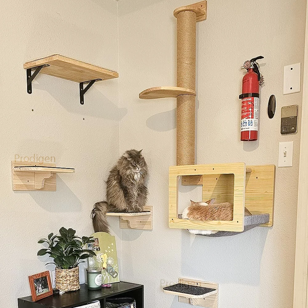 Wall Mounted Cat Climbing Shelves Cat Hammock with Ladder and Scratching Post Wooden Platform Pet Furniture for Kitten Playing