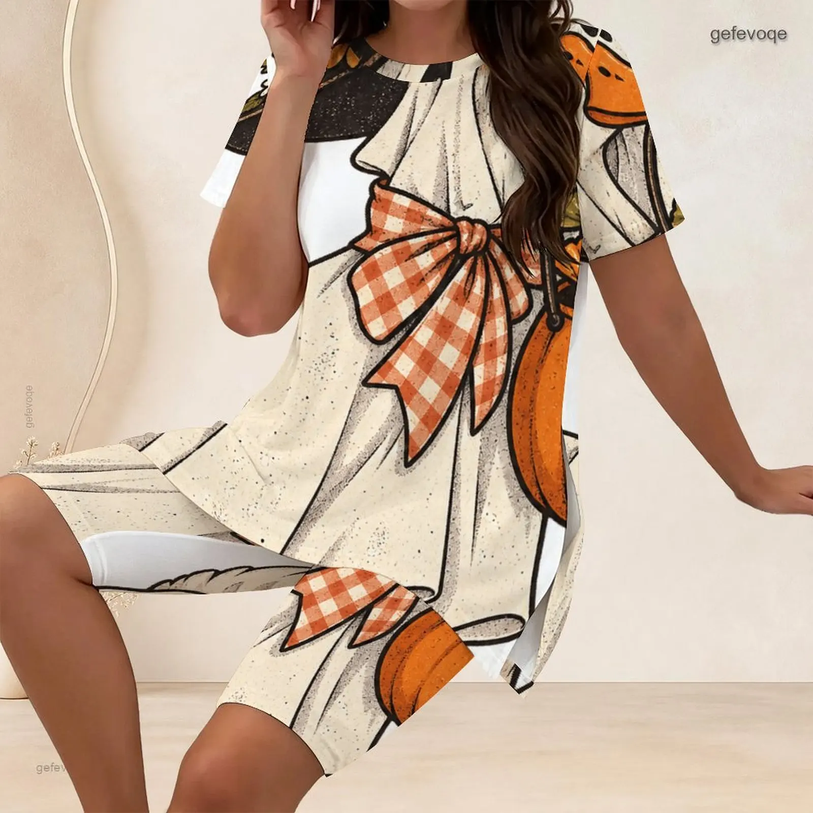 Women 2 Piece Outfit Round Neck Short Sleeve Split Side Long T Shirt With Biker Shorts Set Custom Print Ladies Casual Loungewear