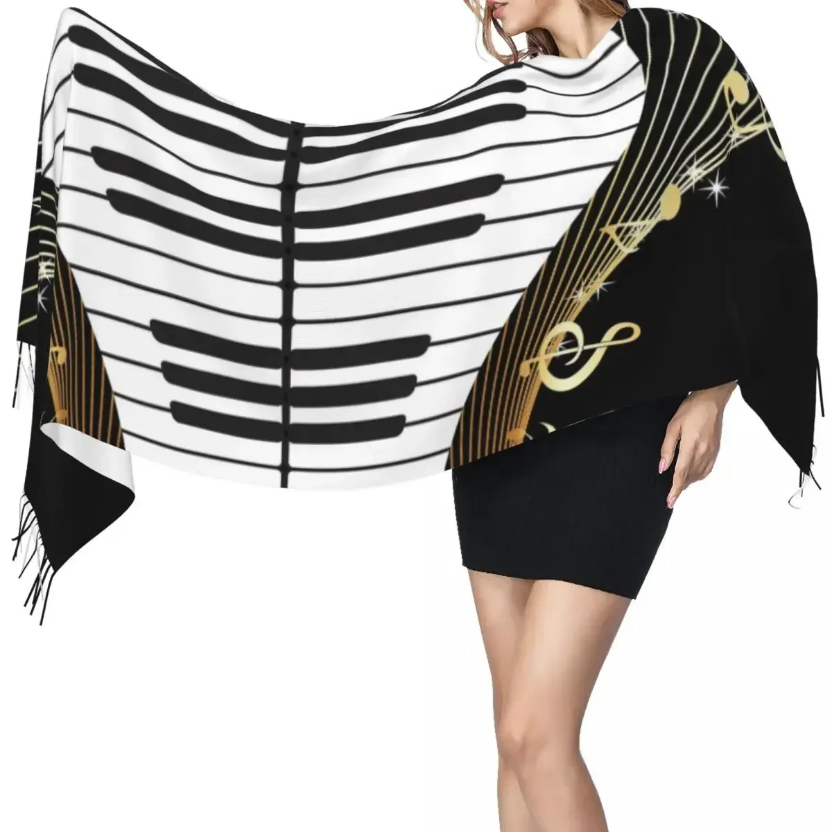 Lenço de notas musicais de piano inverno longo grande borla cachecóis envoltório macio pashmina