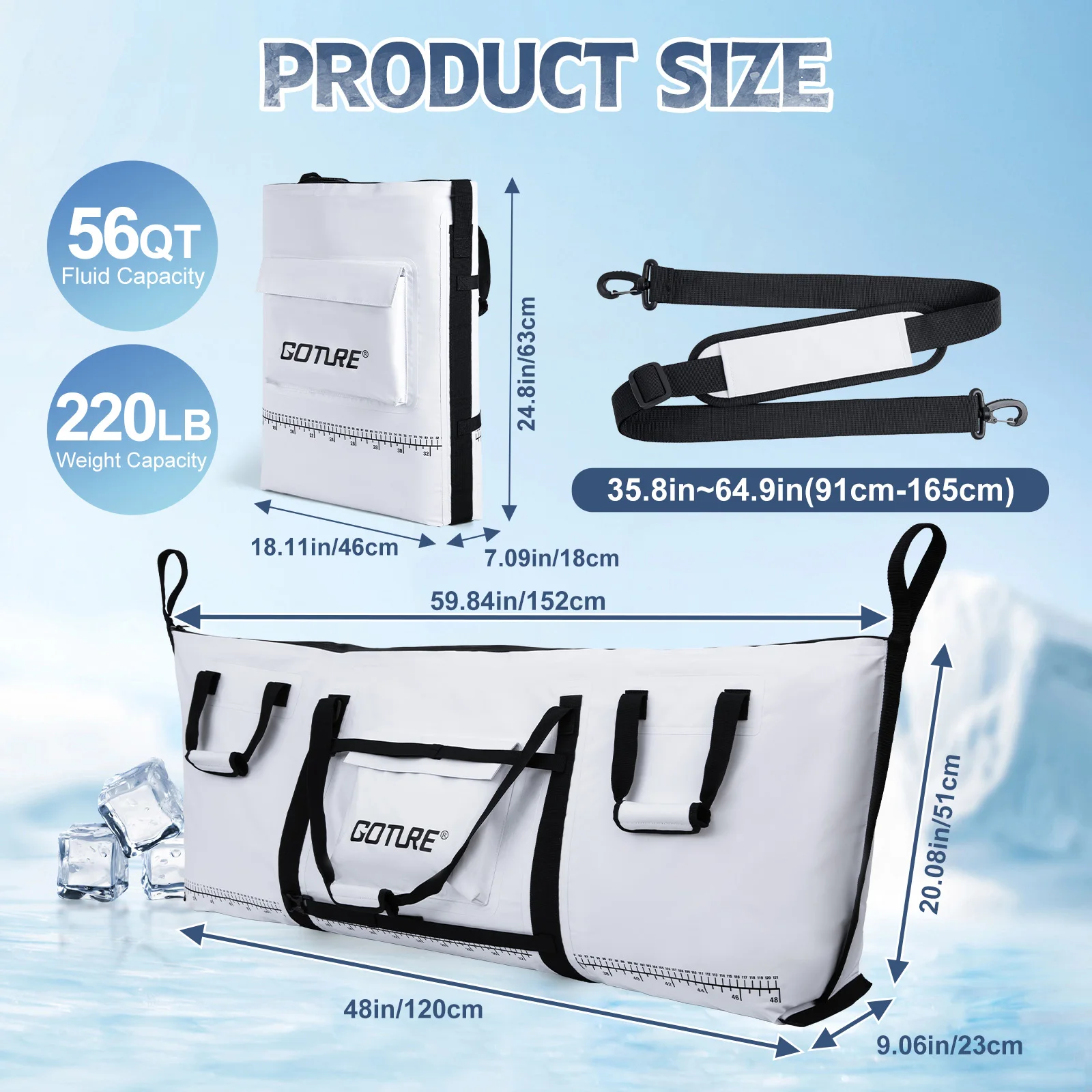 Goture Large Insulate FishingCooler Bag Waterproof 500D PVC Live Fish Fresh Keeping Storage Bag 152*51*23cm with Measuring Ruler
