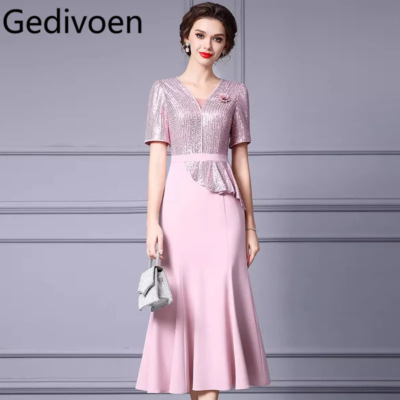 

Gedivoen Women's Elegant Commuter Dress Summer V-Neck Short-Sleeved Appliques Sequins Pretty Slim-Fit Hip Wrap M-4XL Dresses