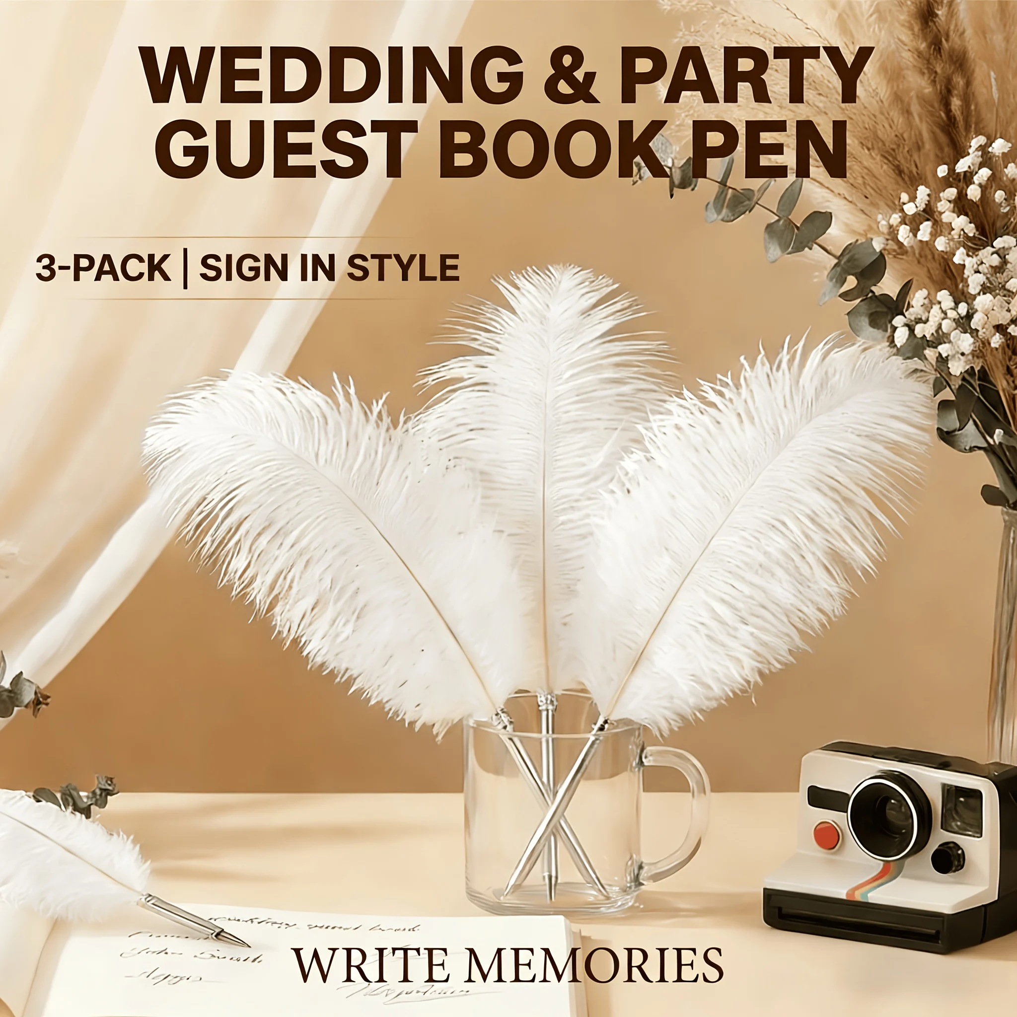 3 Pcs White Feather Ballpoint Pen Set, Fashionable Vintage Creative Pen, Light Luxury Decorative Pen, Suitable for Wedding