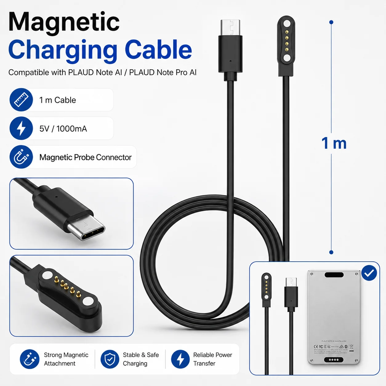 Magnetic Charging Cable for PLAUD Note Pro AI PLAUD Note AI Voice Recorder USB-C 4-Pin Probe Charger 1m Replacement Cord