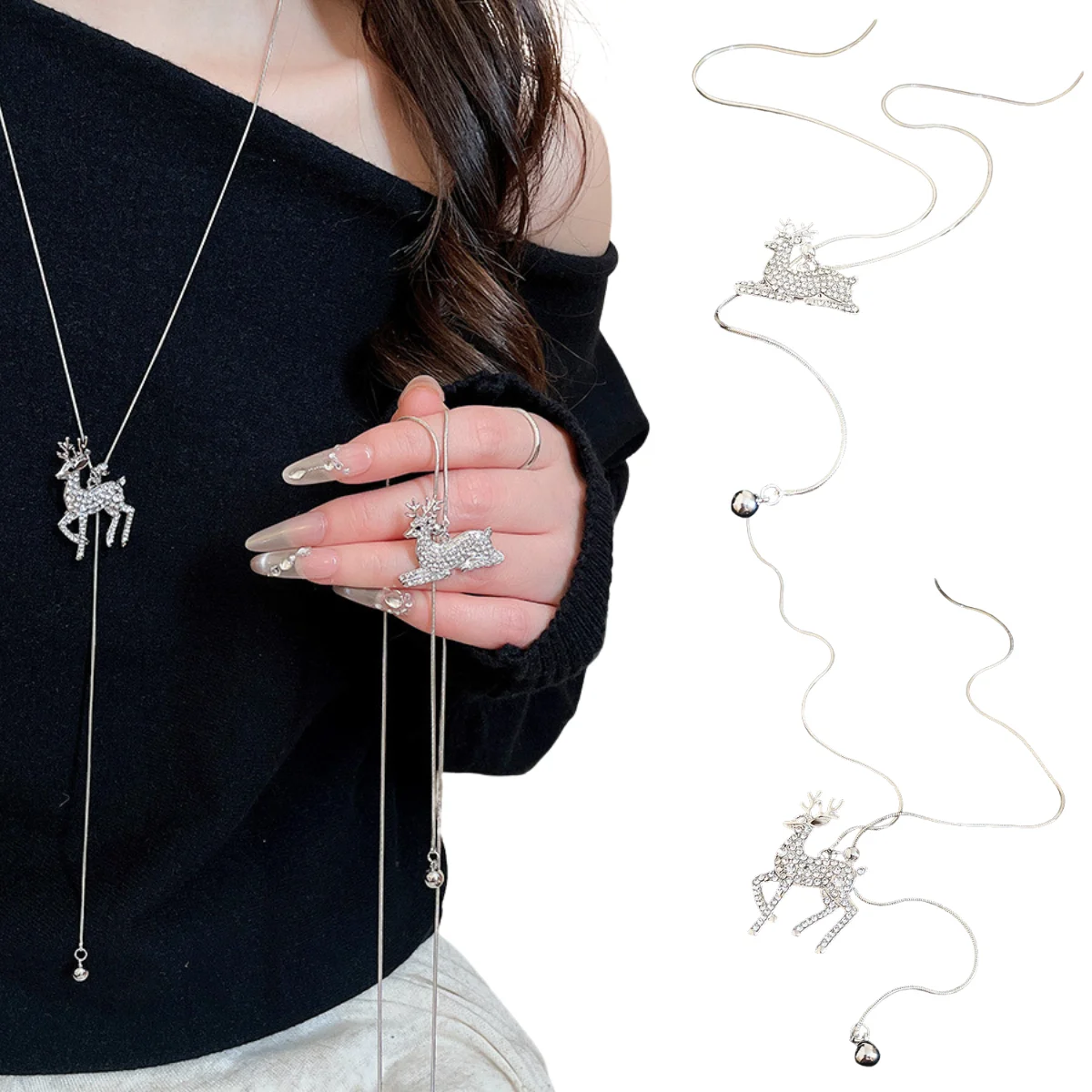 

Korean-Style Rhinestone Deer Pendant Necklace Elegance Sweater Chain Luxury-Inspired Sophisticated Necklace Women's Gift