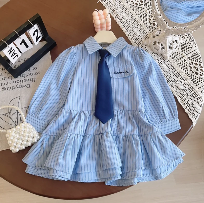 Retail Baby Girls Striped Blue Long Sleeve Dress, Princess Kids Fashion Clothing 2-7T