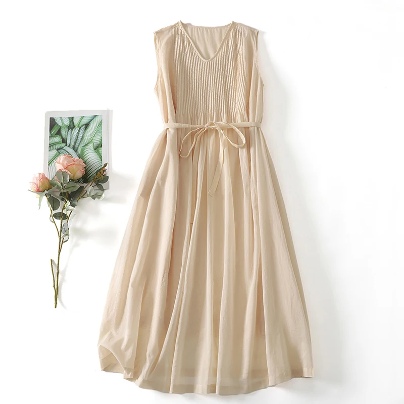 Sukienka lniana bawełniana w jednolitym kolorze, retro, luźna, bez rękawów, długa, plisowana, w stylu boho, na plażę, wakacje, streetwear