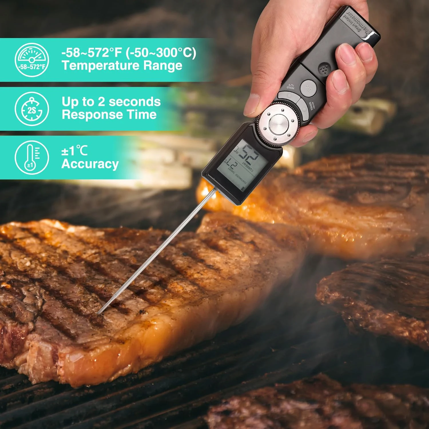 Instant Read Digital Meat Thermometer, High Accuracy Probe with Timer & Quick-Set Scroll Interface for Grill, BBQ, Frying