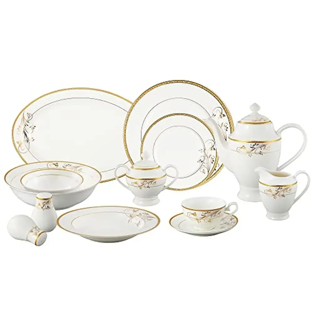 Elegant Bone China 57-Piece Dinnerware Set 24K Gold Floral Design Service 8 Family Gathering Fine China Sparkling Gold Border