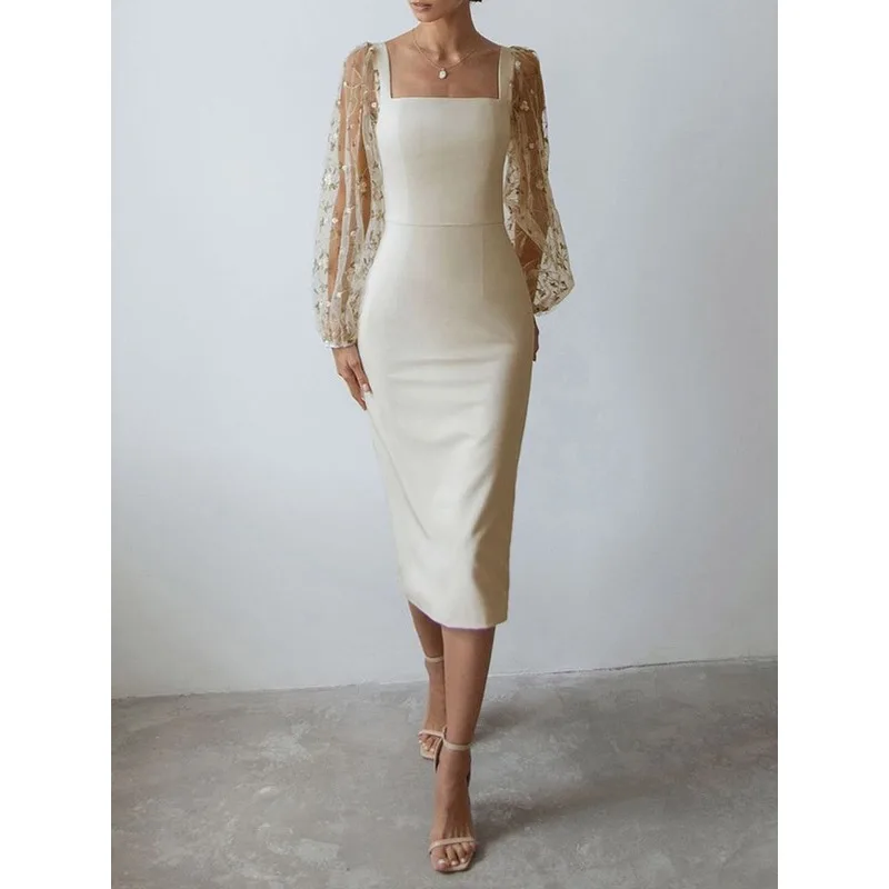 TΣ Vierkante Hals Kant Pure Mouwen Max Jurken Dames 2026 Stijlvolle Effen Elegante Geborduurde Bodycon Feestjurk 147538