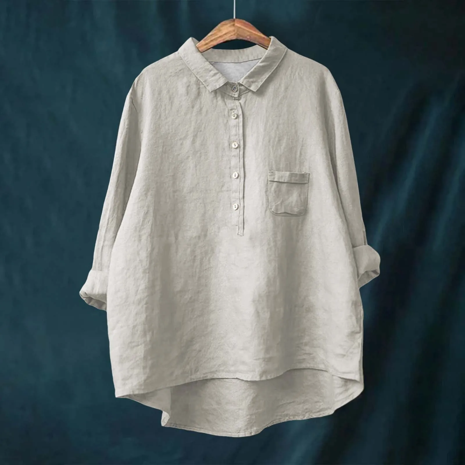 Casual Cotton Linen Long Sve  Collar Loose Fit  Color irt Women Spring Autumn Commute Versatile Top