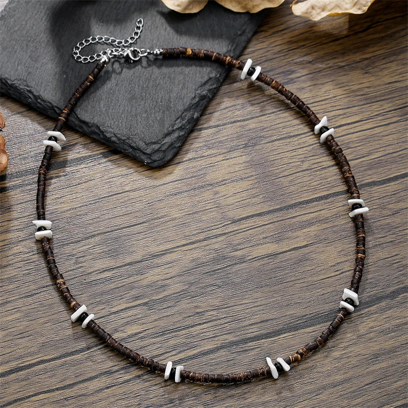 Vintage Ethnic Geometric Gravel Chain Clavicle Necklace Boho Coconut Shell Wood Bead Chain Necklace Men's Neck Jewelry view 3
