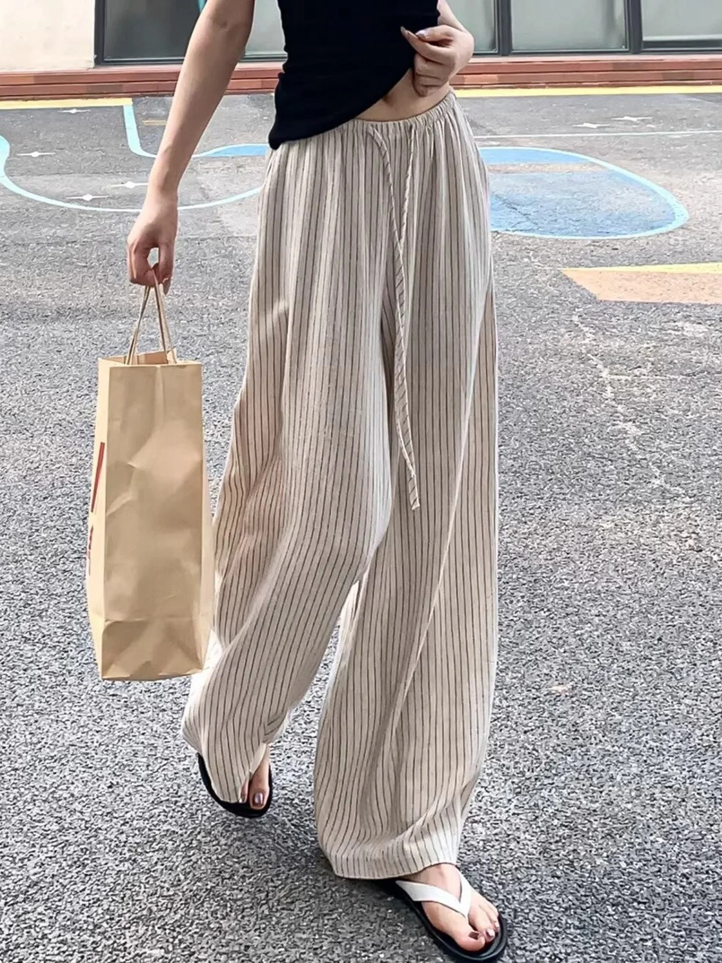 Japanese Style Cotton Linen Stripe Wide Leg Pants Women Summer Thin Loose Slimming Lazy Linen Straight Casual Work Long Trousers