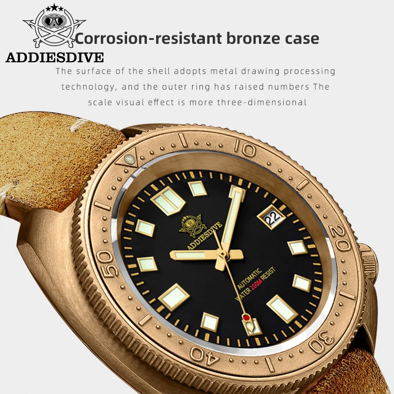 ADDIESDIVE gran oferta CUSN8 caja de bronce reloj para hombre C3 cristal de zafiro superluminoso 20Bar reloj mecánico automático resistente al agua