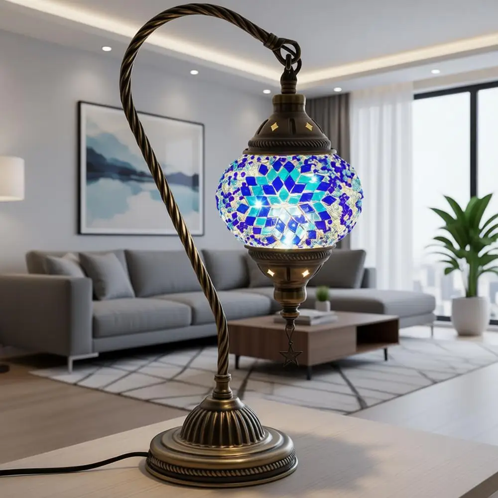 

Turkish Moroccan Lamp with Bronze Base 3 Color Options Handmade Swan Mosaic Glass Bede Lamps or Bedroom LED Bulb Included