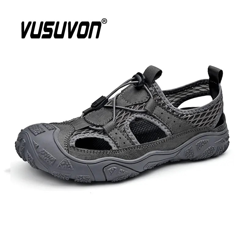 Hot Sale New Fashion Summer Leisure Water Beach Black Men Shoes High Quality Leather & Mesh Sandals The Big Size 38-46