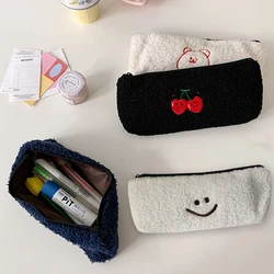 Cherry Embroidery Pencil Bag Plush Pencil Case Stationery Pouch Bag Bear Lambwool Pencil Pen Pouch Cute School Supplies