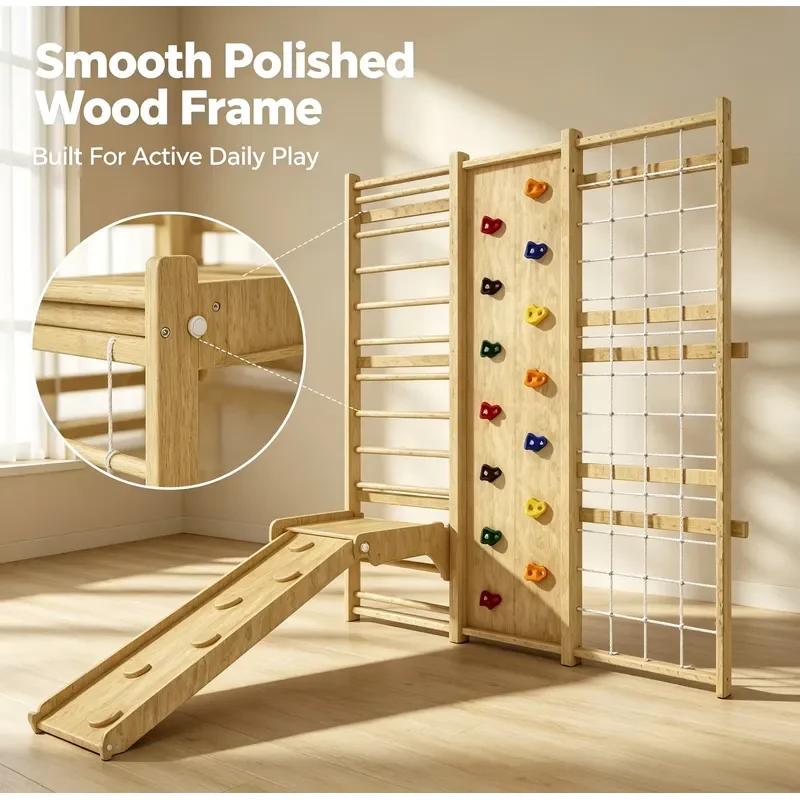Xinghui fully polished wooden climbing frame, child safety design, L-shaped game set, customizable size, suitable for family