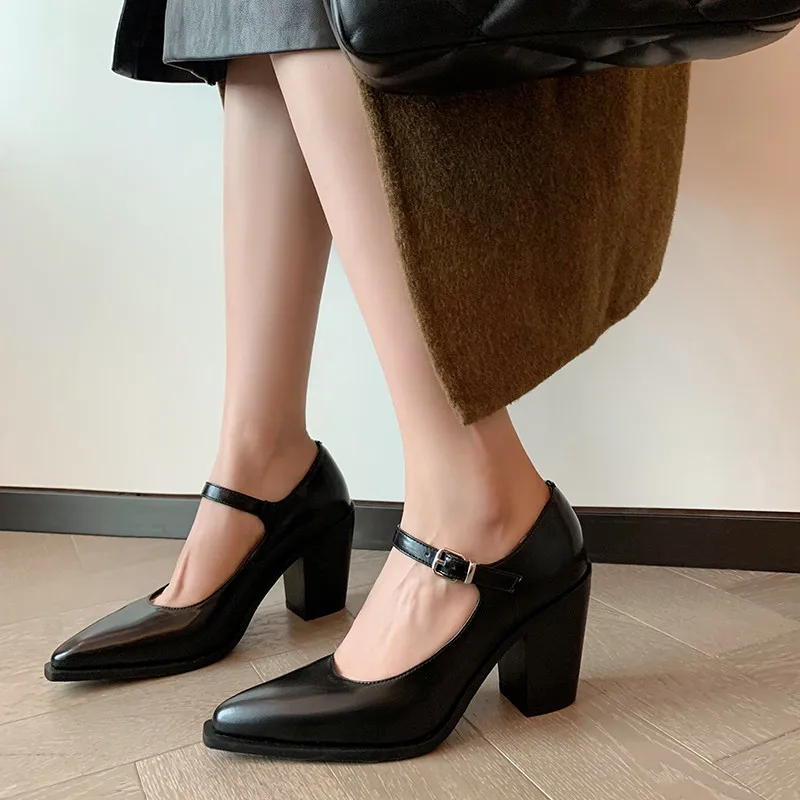 MKKHOU Fashion Pumps New High Quality Genuine Leather Pointed High Heels Mary Jane Shoes Women\'s Heels Leather Shoes Women Shoes