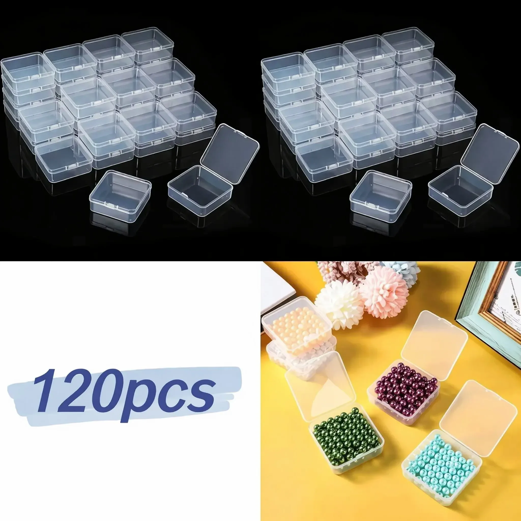 Ensemble de boîtes de rangement en plastique transparent, 60/120 pièces, avec couvercle à charnière, durables pour organiser des bijoux, des cosmétiques, des artisanats et de petits objets