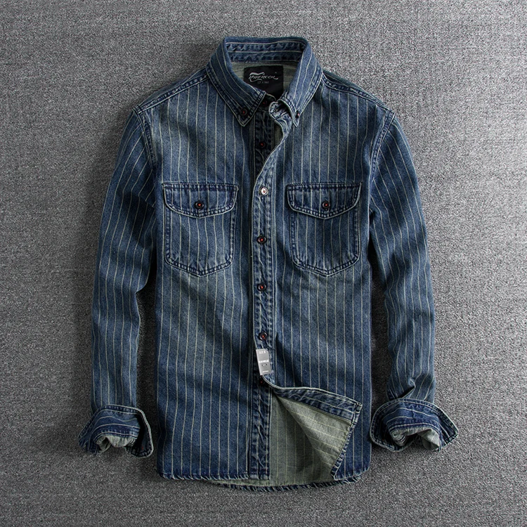 Autumn American Retro Thick Denim Tooling Striped Shirt Men\'s Fashion Pure Cotton Washed Old Casual Pocket Blouses Thin Jacket