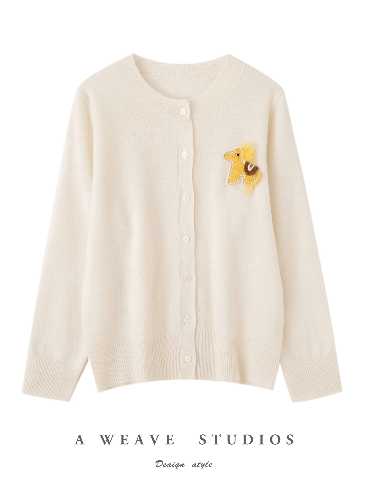 

Осень-зима, кардиган из 100% чистой шерсти, женский свитер с круглым вырезом, однотонная пуговица с узором пони, свободная универсальная кашемировая вязаная куртка