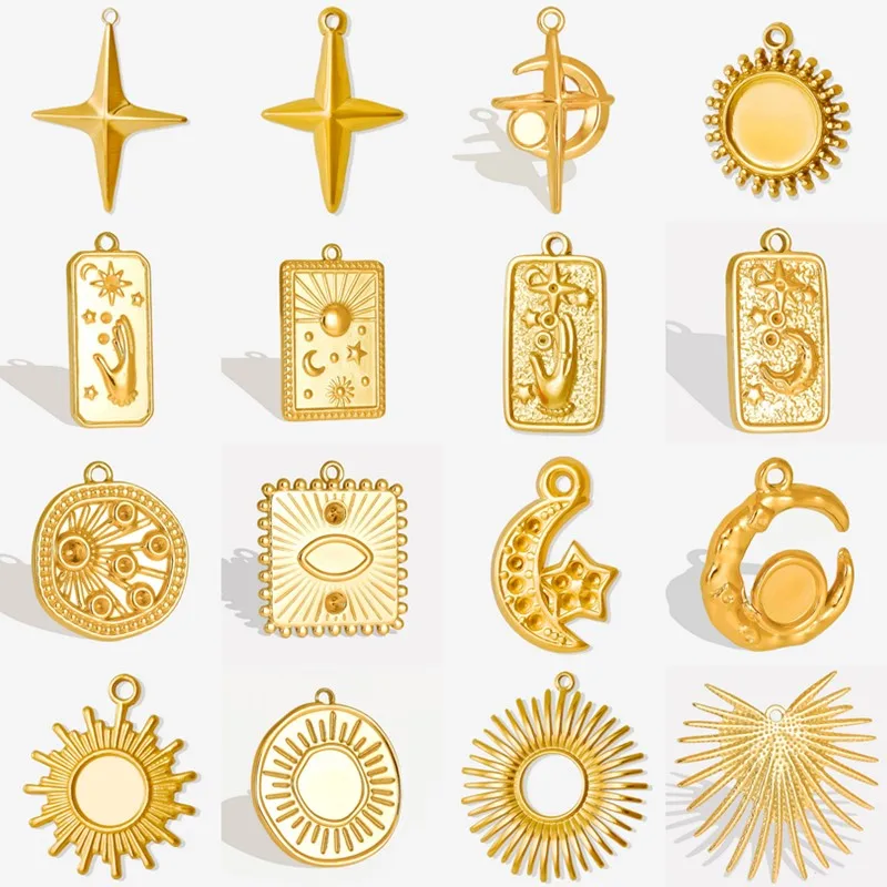 Real Gold Plated Metal 5pcs Sun Moon Star Stainless Steel Charms For Jewelry Making Earrings Keychain Necklace Vintage Pendants