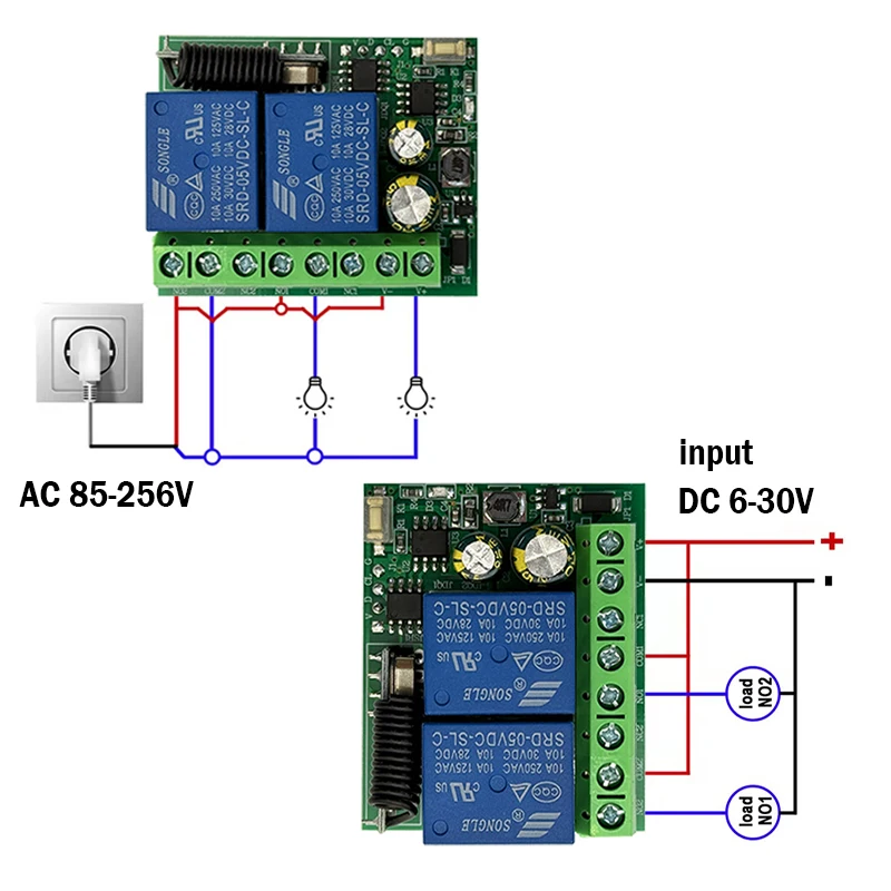 2CH 433MHz Remote Control Universal Wireless Switch 6-30V 85-250V 10A Relay Module For Garage Door Curtain Light LED motor etc