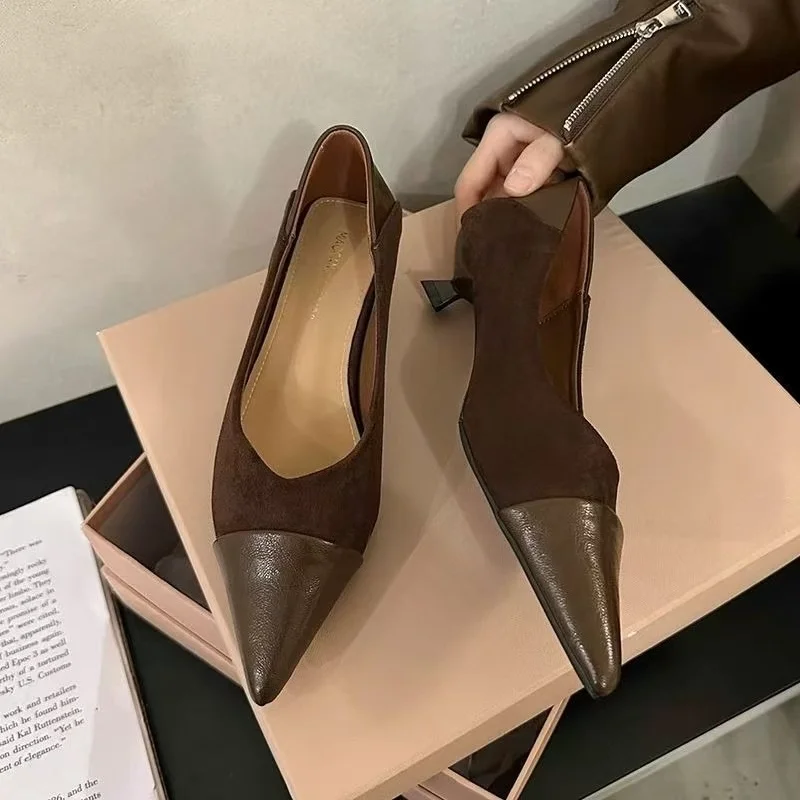 2025 جديد خياطة عالية الكعب المرأة حذا فردي للسيدات أشار مزاجه رقيقة جوفاء المشمش مطابقة الفم الضحلة #2