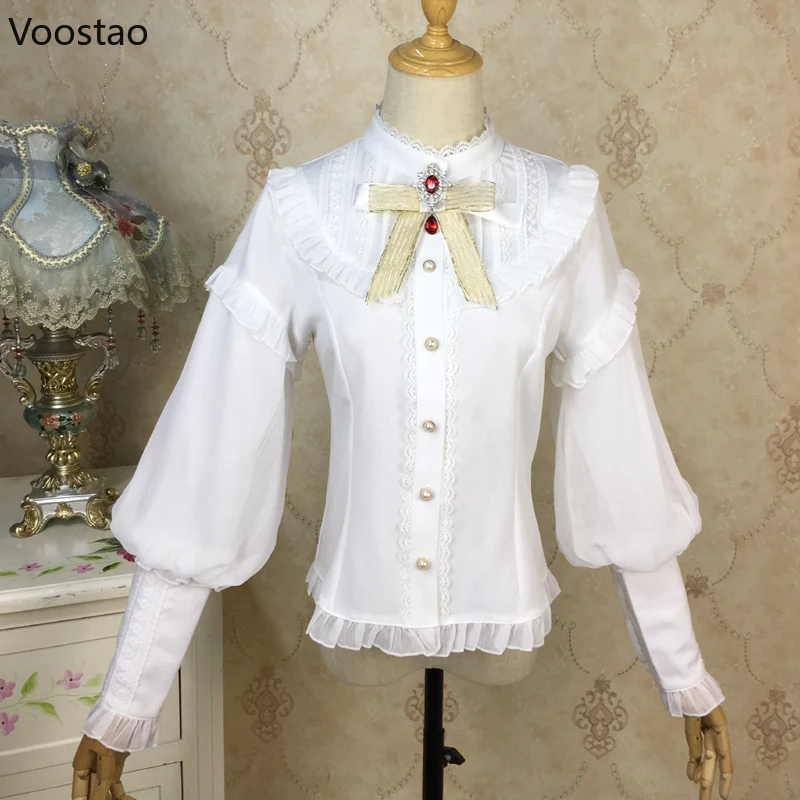 Victorian Gothic Y2k Shirts Women Harajuku Lolita Style Gigot Sleeve Ruffles Blouses Girls Vintage Sweet Lace Tops Blusas Mujer