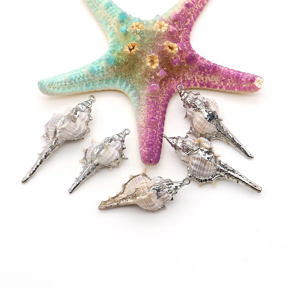 Spiny Conch Shape Shell Pendants Silver Plating Process Design Single Hole Charms Accessory 5 Pcs Handmade Unique Jewelry Gift