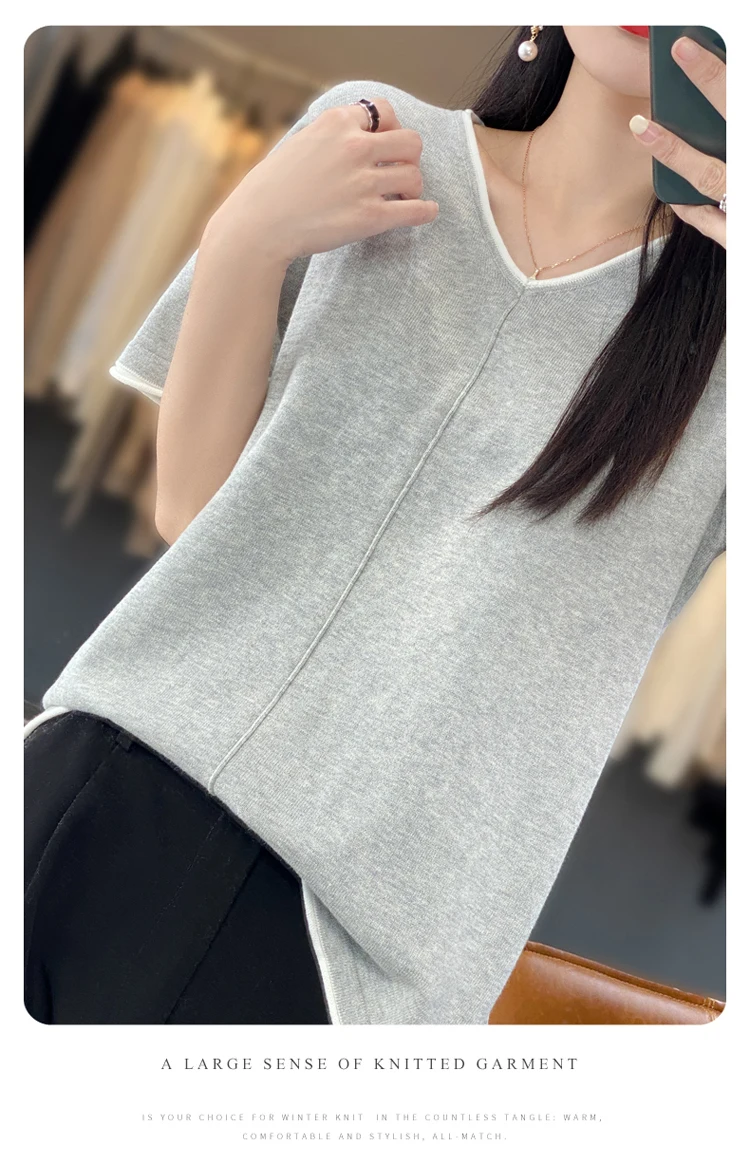 100% Cotton T-Shirt Women's V-Neck Pullover Short Sleeve Summer New Casual Knitting Loose Top Fashion Color Contrast T-Shirt