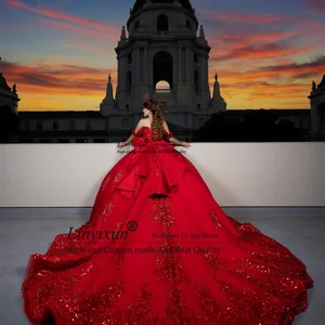 Quinne Red rotes Ballkleid mit Abdeckung, Paillettenspitzenapplikationen, süß 16 mit Cover, mexikanisches Geburtstagskleid, 15 -jährige Mädchen 12 Hauptverkaufskleider 15 Jahre rot - №5