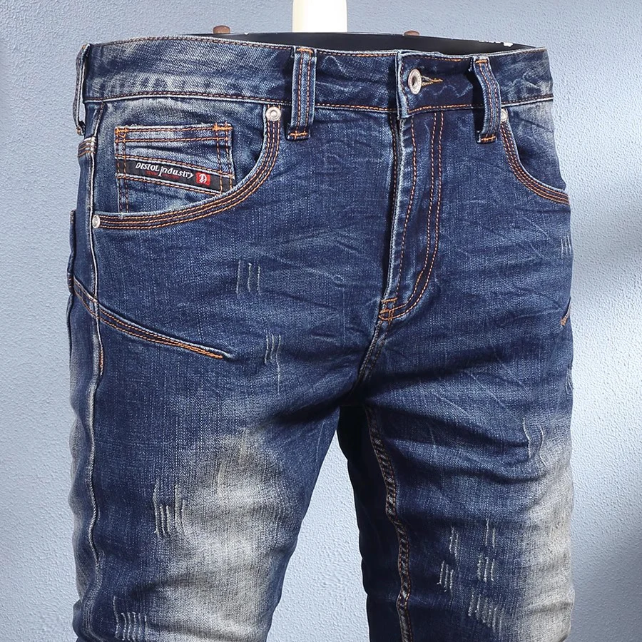 Fashionable new men's jeans stretch slim fit washed nostalgic light blue jeans Italian embroidery straight leg pants hombre