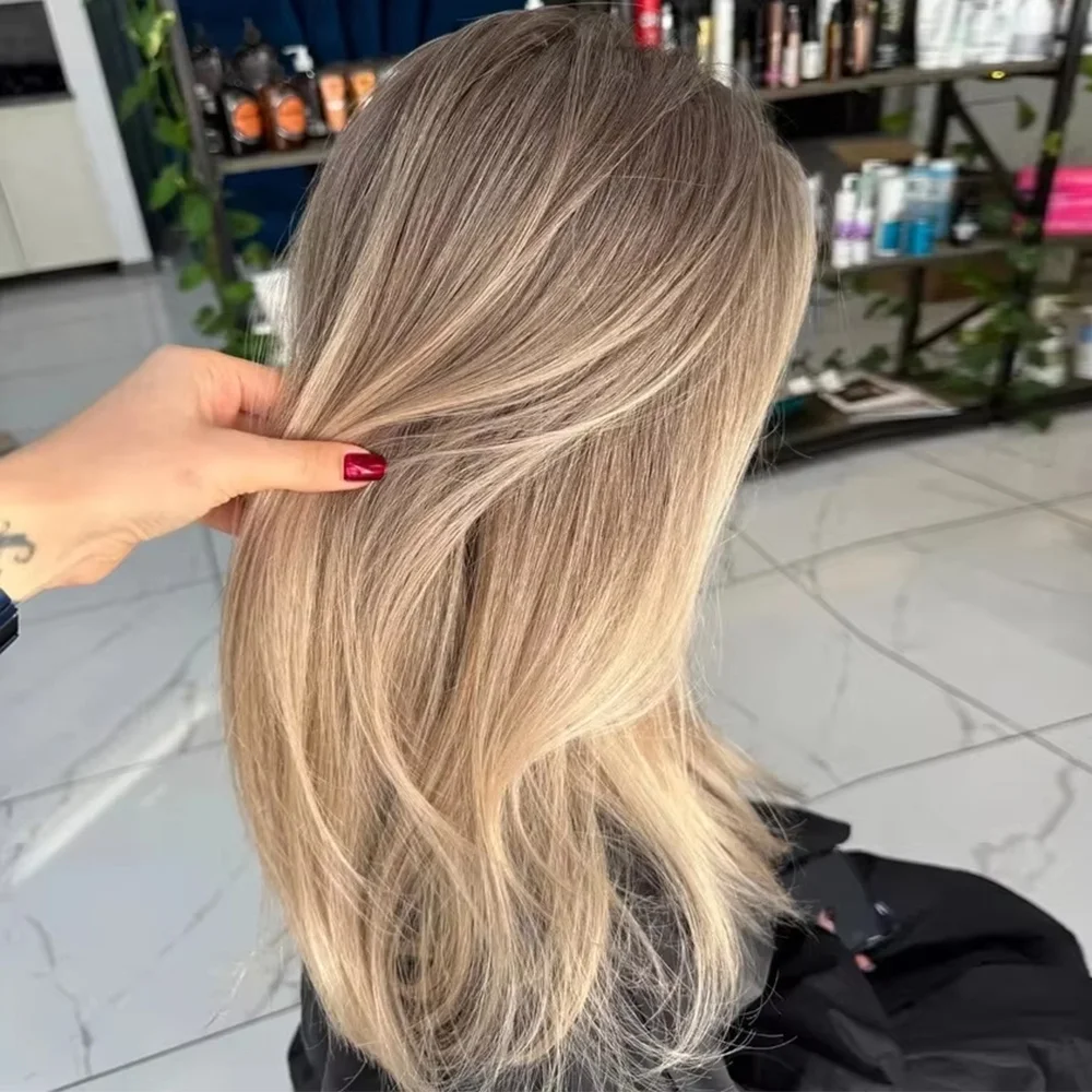 

Длинный прямой парик омбре для женщин, синтетический, с блонд-каштановыми прядями, на кружевной основе, без клея, с реалистичным видом, готовый к носке