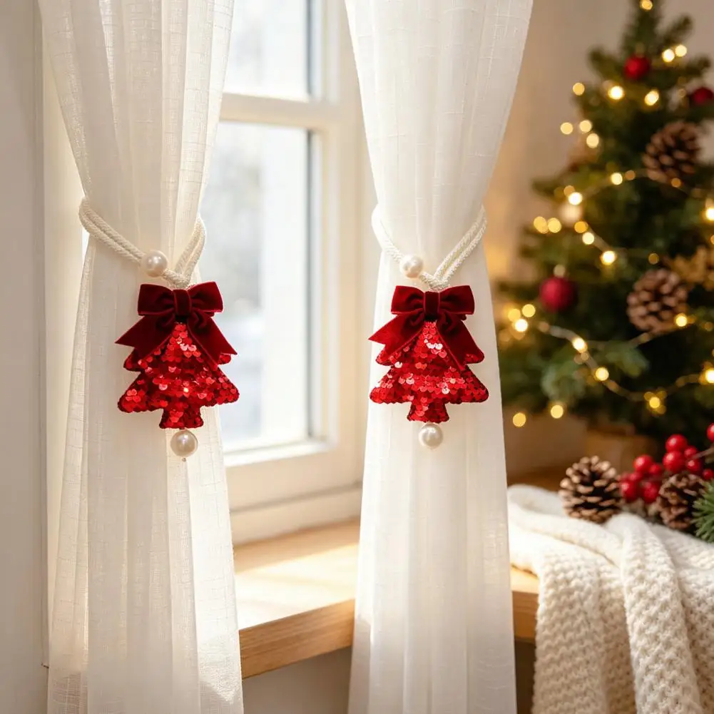 Sequin Curtain Tiebacks Festive Christmas Tree Ornaments Sequined Tree Curtain Tieback with Bow Sparkling Christmas for Home