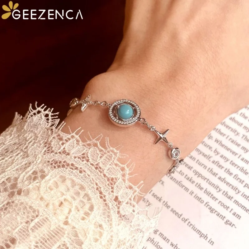 GEEZENCA 925 Sterling Silver Rotatable Round Disc Turquoise Star Charm Link Chain Bracelet For Women Dainty Shiny Bracelets Gift