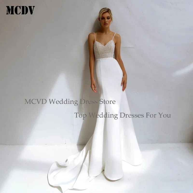 

MCDV Women Shiny Spaghetti Straps Beaded Pearl V neck Satin Sheath Mermaid Wedding Dresses SweepTrain 2026NewArrival Bridal Gow
