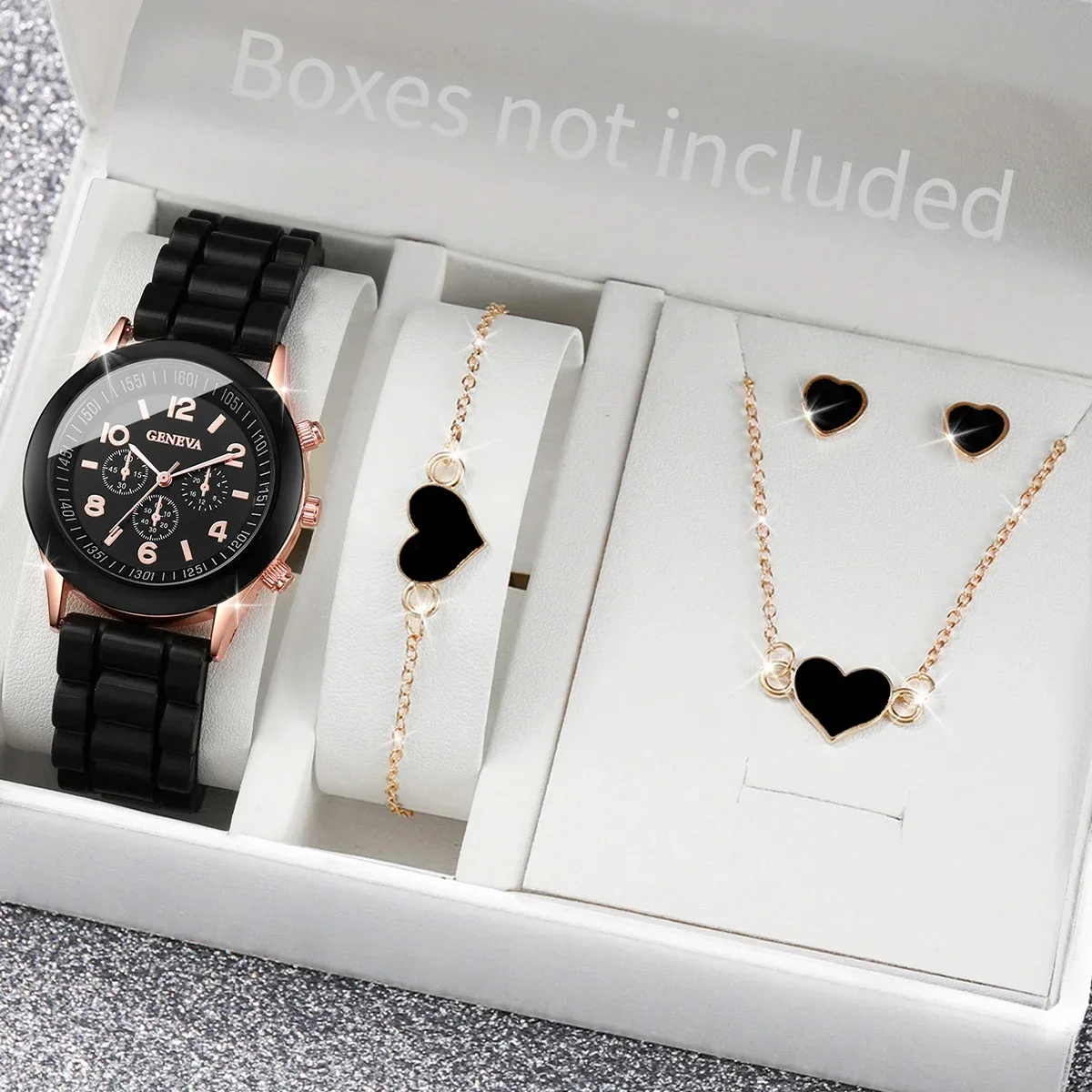 4PCS/Set Geneva Watch Fashion Silicone Band Women Watches Heart Jewelry Set ( Without Box )