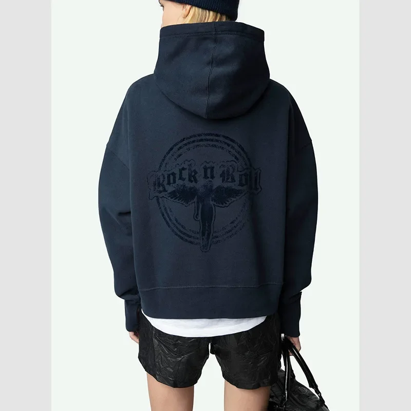 25 primavera nuevo nicho francés ZV frente ala estampado espalda Ángel flocado polar suéter con capucha para mujer