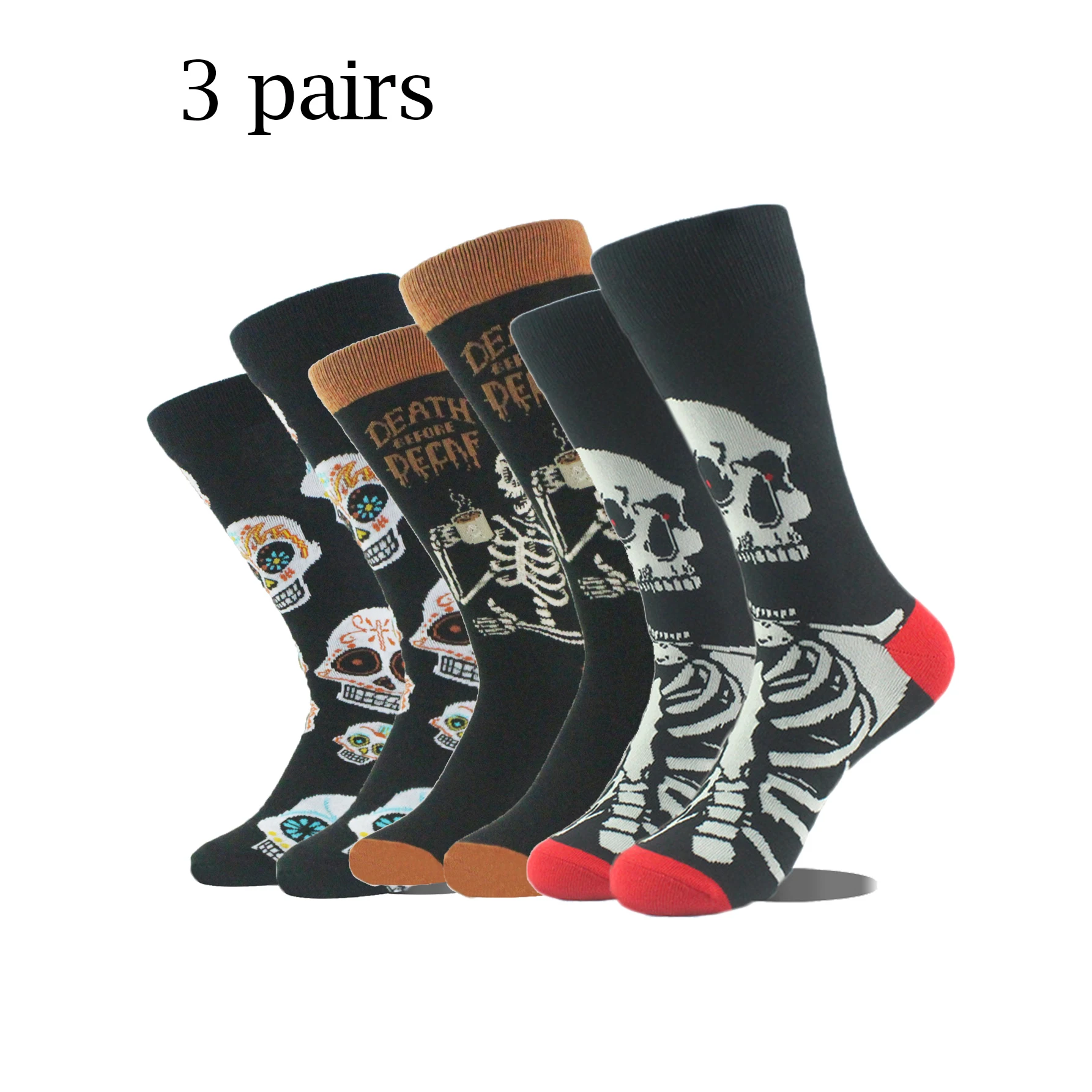 3 pairs unisex women men skull character Halloween party grunge style crew socks for men women